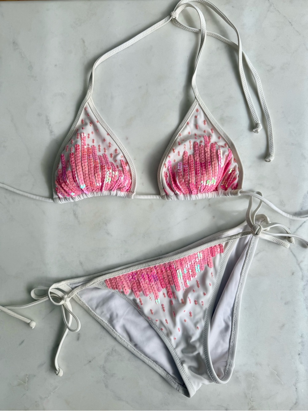 Sexy Victoria’s Secret White & Neon Pink Sequin Triangle Bikini Set